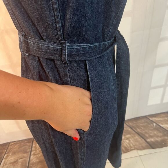 DKNY Blue Denim Belted Mini Pleated Sleeveless Jumper Dress Size Medium - Picture 4 of 10